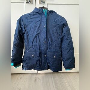 EUC Lands' End Girls Navy Sherpa Hooded Expedition Parka with Teal Trim, Size 14
